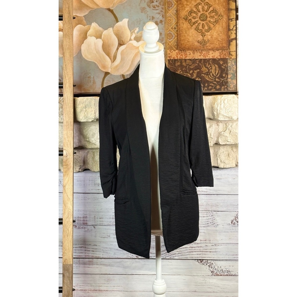 Lauren Conrad Black Open Front Blazer 3/4 Ruched Sleeve Textured Size 8